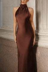 Vintage Solid Satin Backless Maxi Dress Brown / S