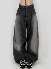 Washed Contrast Waist Pleated Relaxed Leg Boyfriend Jeans Black / S Jeans