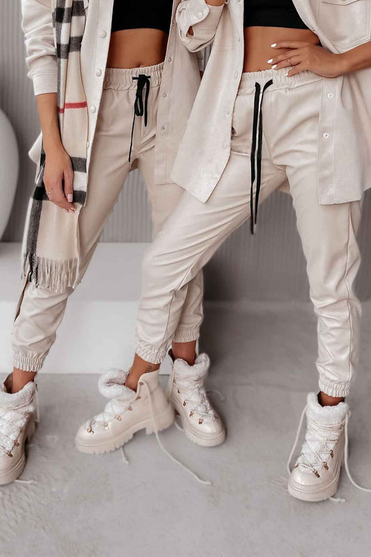 Drawstring Pocket Leather Jogger Pants