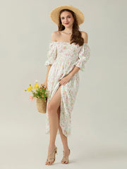 Elegant Off-Shoulder Party Half Sleeve Square Neck A-line Floral Dress floraldress-250126