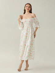Elegant Off-Shoulder Party Half Sleeve Square Neck A-line Floral Dress floraldress-250126
