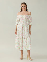 Elegant Off-Shoulder Party Half Sleeve Square Neck A-line Floral Dress floraldress-250126