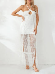 Fairycore Retro White Lace Backless Halter Tube Floral Dress floraldress-250126
