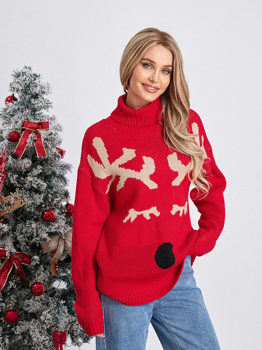 Elk Print Red Casual Long Sleeve Turtleneck Warm Christmas Sweater Sweaters-L