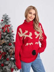 Elk Print Red Casual Long Sleeve Turtleneck Warm Christmas Sweater Sweaters-L