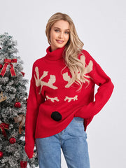 Elk Print Red Casual Long Sleeve Turtleneck Warm Christmas Sweater / S Sweaters-L