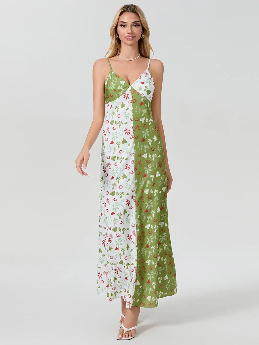 Contrast Color V-neck Spaghetti Strap Slip Floral Dress floraldress-250126