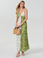 Contrast Color V-neck Spaghetti Strap Slip Floral Dress floraldress-250126