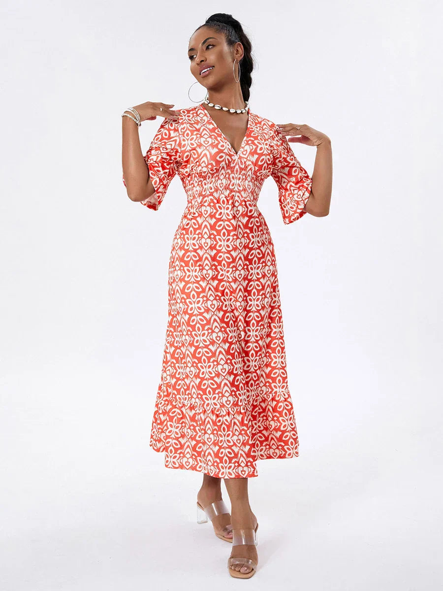 Floral Print Beach Midi Casual Flare Sleeve A-Line Ruffled Floral Dress floraldress-250126