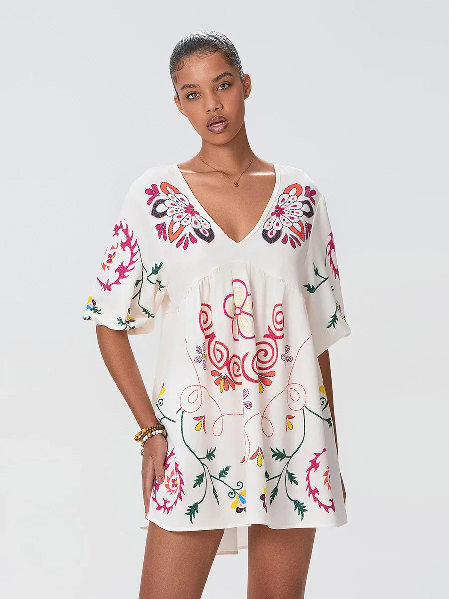 Loose Mini Beach Floral Dress for Vacation WHITE / S floraldress-250126