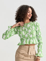 Floral Ruched Boat Neck Long Sleeve Crop T-shirt croptop-250126