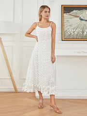 Spaghetti Strap Ruffled Long Sweet Sling Bubble Hem A-line Floral Dress floraldress-250126