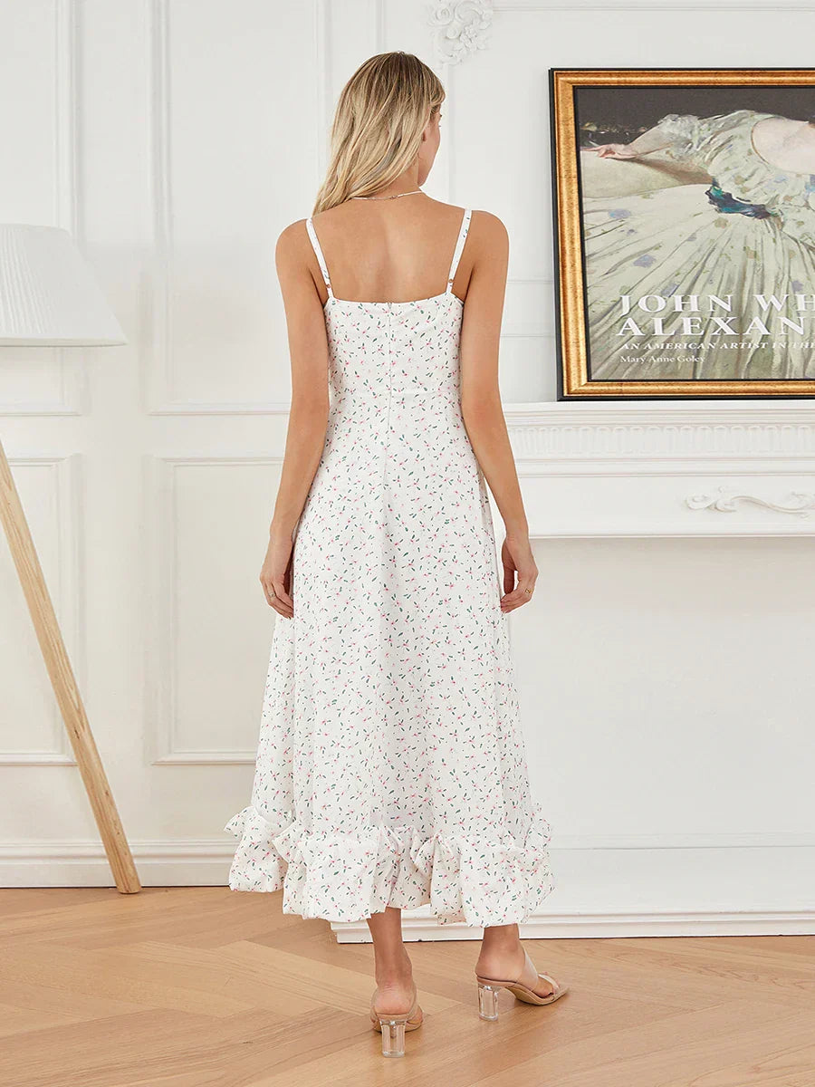Spaghetti Strap Ruffled Long Sweet Sling Bubble Hem A-line Floral Dress floraldress-250126