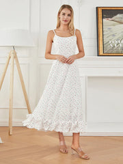 Spaghetti Strap Ruffled Long Sweet Sling Bubble Hem A-line Floral Dress floraldress-250126