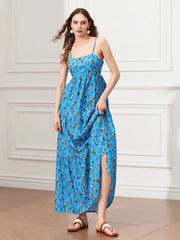 Spaghetti Strap Ruched Backless A-Line Beach Vacation Floral Dress floraldress-250126