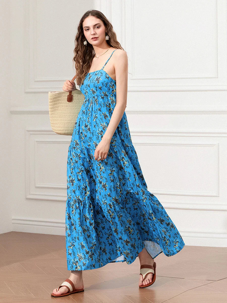 Spaghetti Strap Ruched Backless A-Line Beach Vacation Floral Dress floraldress-250126