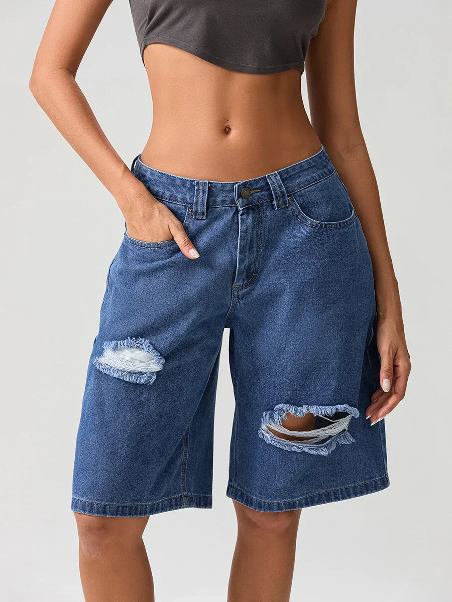 Ripped Button Knee-Length Denim Short short-250223