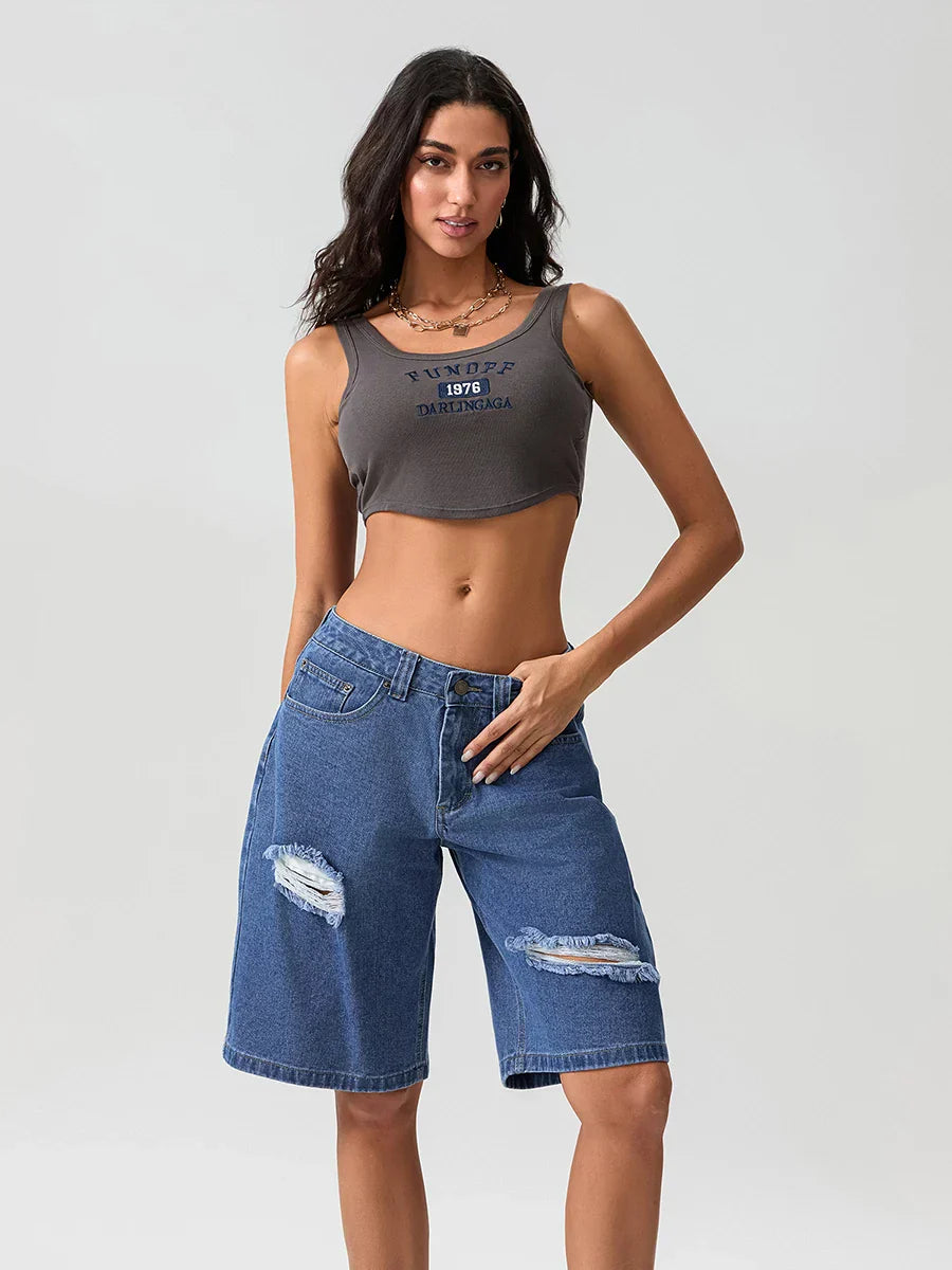 Ripped Button Knee-Length Denim Short short-250223