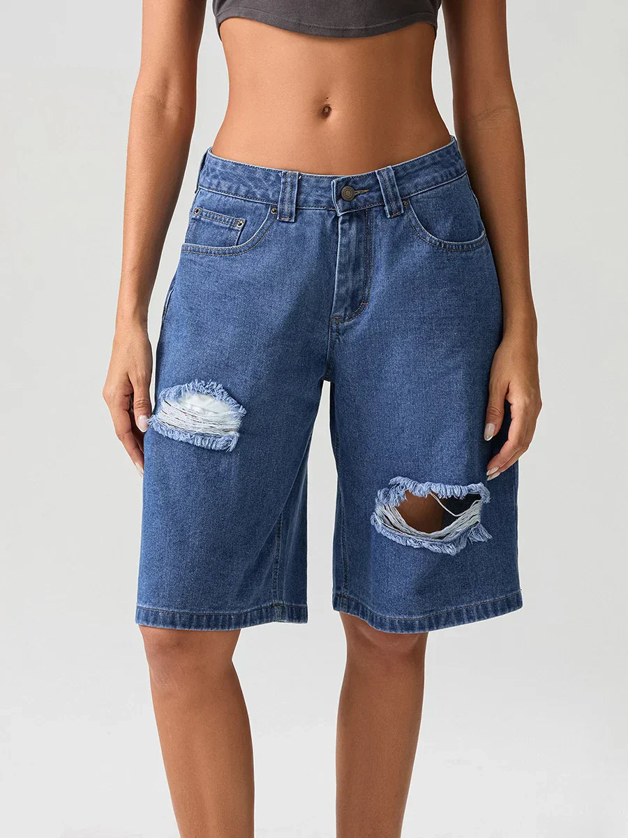 Ripped Button Knee-Length Denim Short short-250223