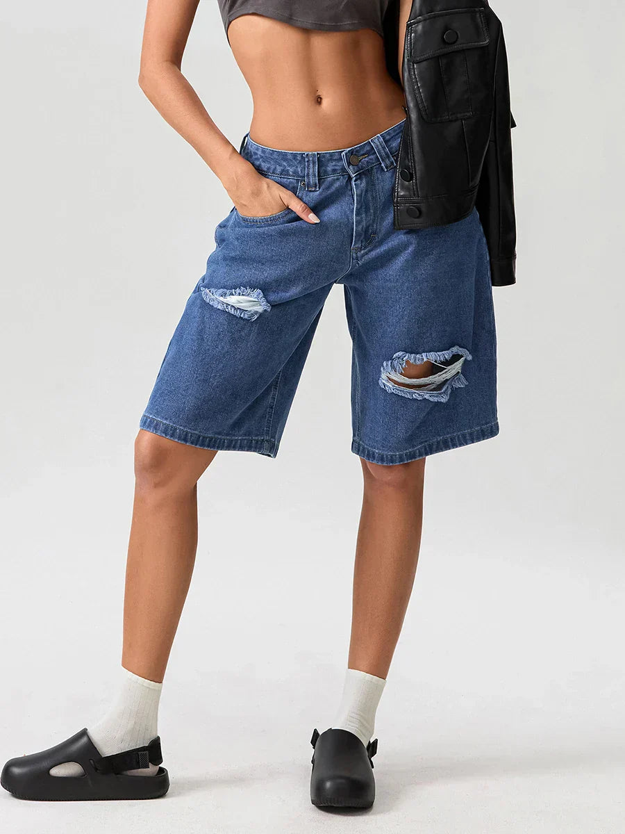 Ripped Button Knee-Length Denim Short short-250223