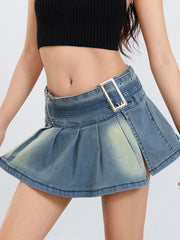 Belted Pleated A-Line Skirt Blue / S skirts-250223