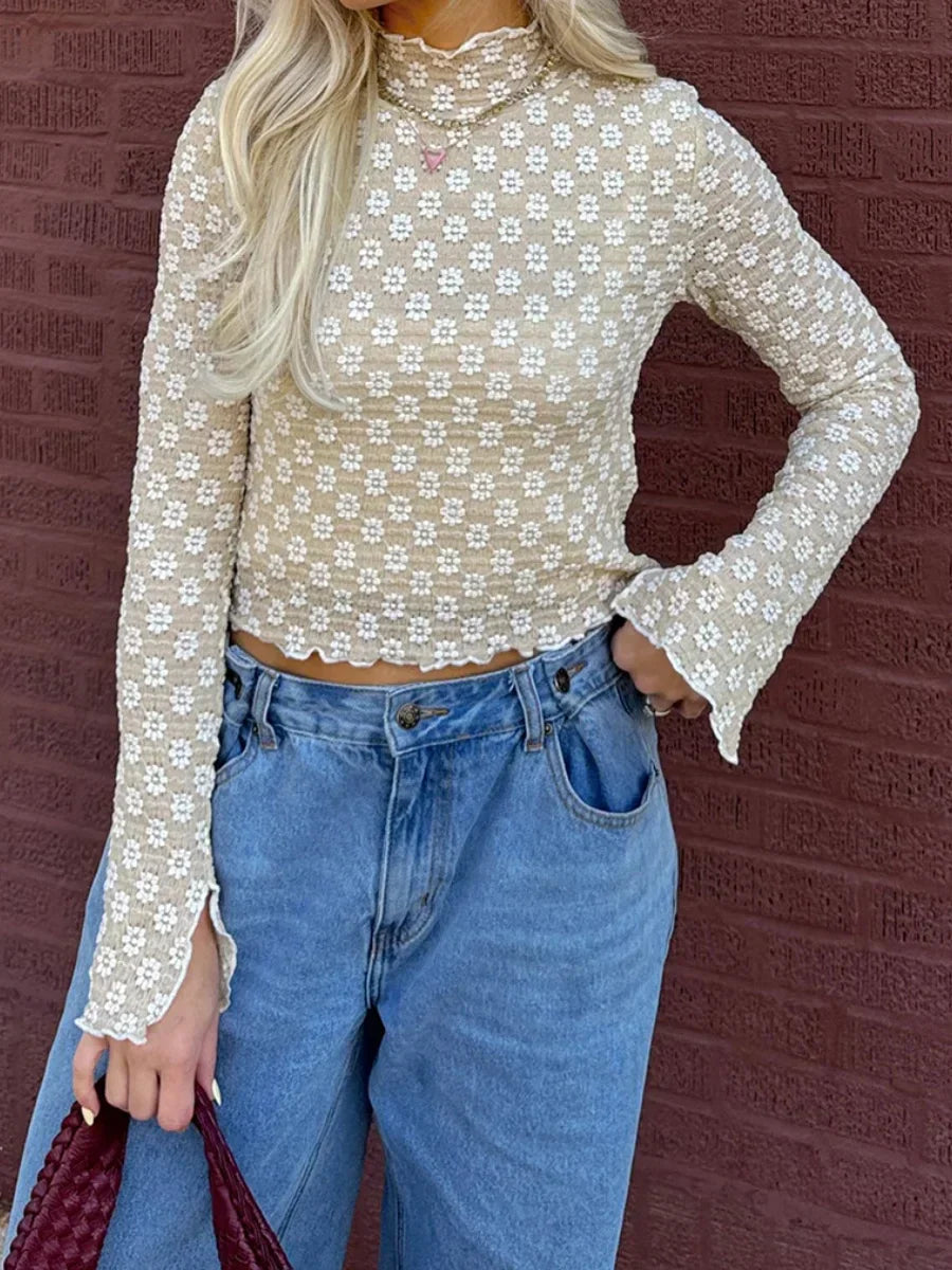 Floral Sheer Mock Neck Long Sleeve Lettuce Hem Crop Top croptop-250126