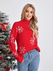 Jacquard Snowflake Long Sleeve Turtleneck Loose Knit Christmas Sweater Sweaters-L