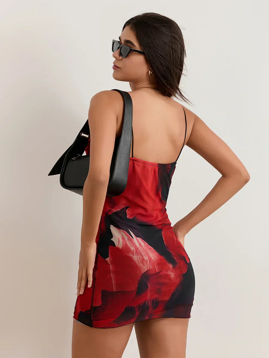 Hot Floral Print Sheath Backless Spaghetti Mini Nightclub Floral Dress floraldress-250126
