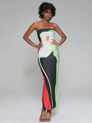 Abstract Print Strapless Side Split Floral Dress Green / S floraldress-250126