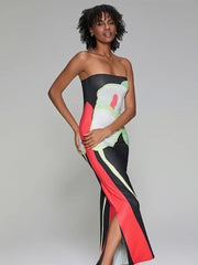 Abstract Print Strapless Side Split Floral Dress floraldress-250126