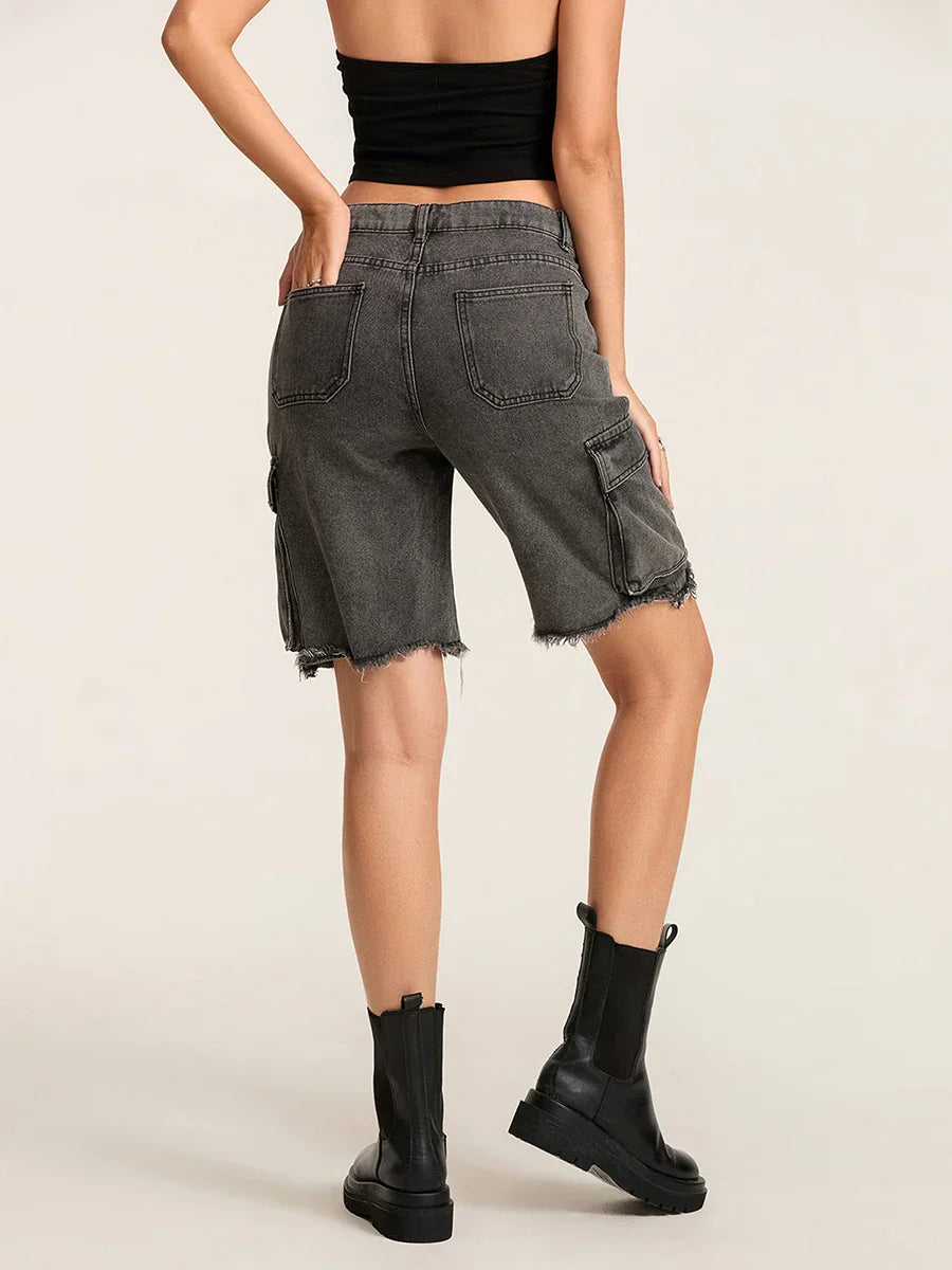 Ripped Button Denim Short short-250223