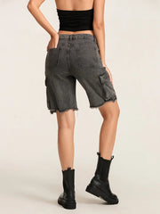Ripped Button Denim Short short-250223