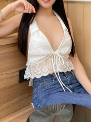 Eyelet Embroidery Halter Lace Ruffle Backless Crop Vest croptop-250126