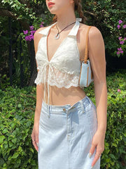 Eyelet Embroidery Halter Lace Ruffle Backless Crop Vest croptop-250126
