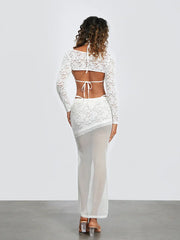 White Lace Patchwork Cropped Shrug Floral Skirt Set floraldress-250126