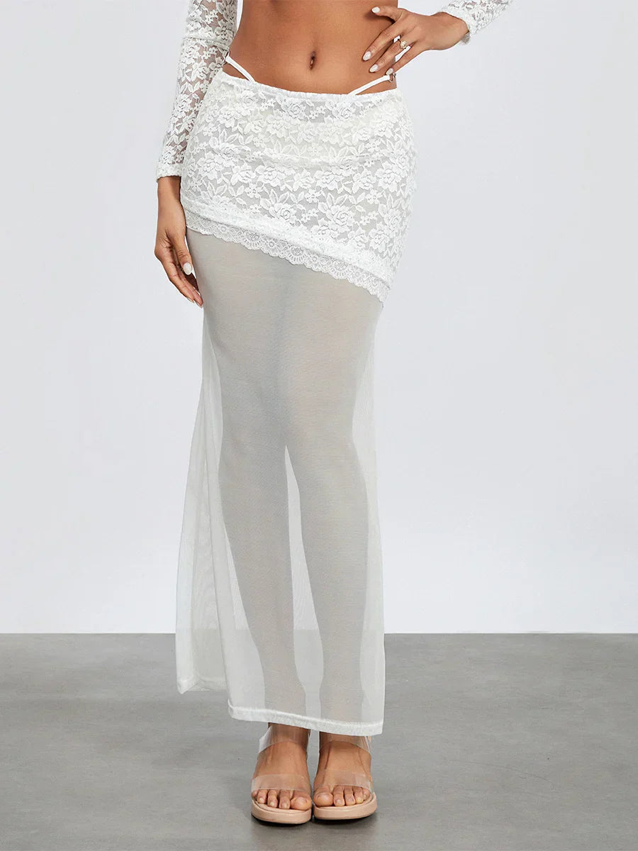 White Lace Patchwork Cropped Shrug Floral Skirt Set floraldress-250126