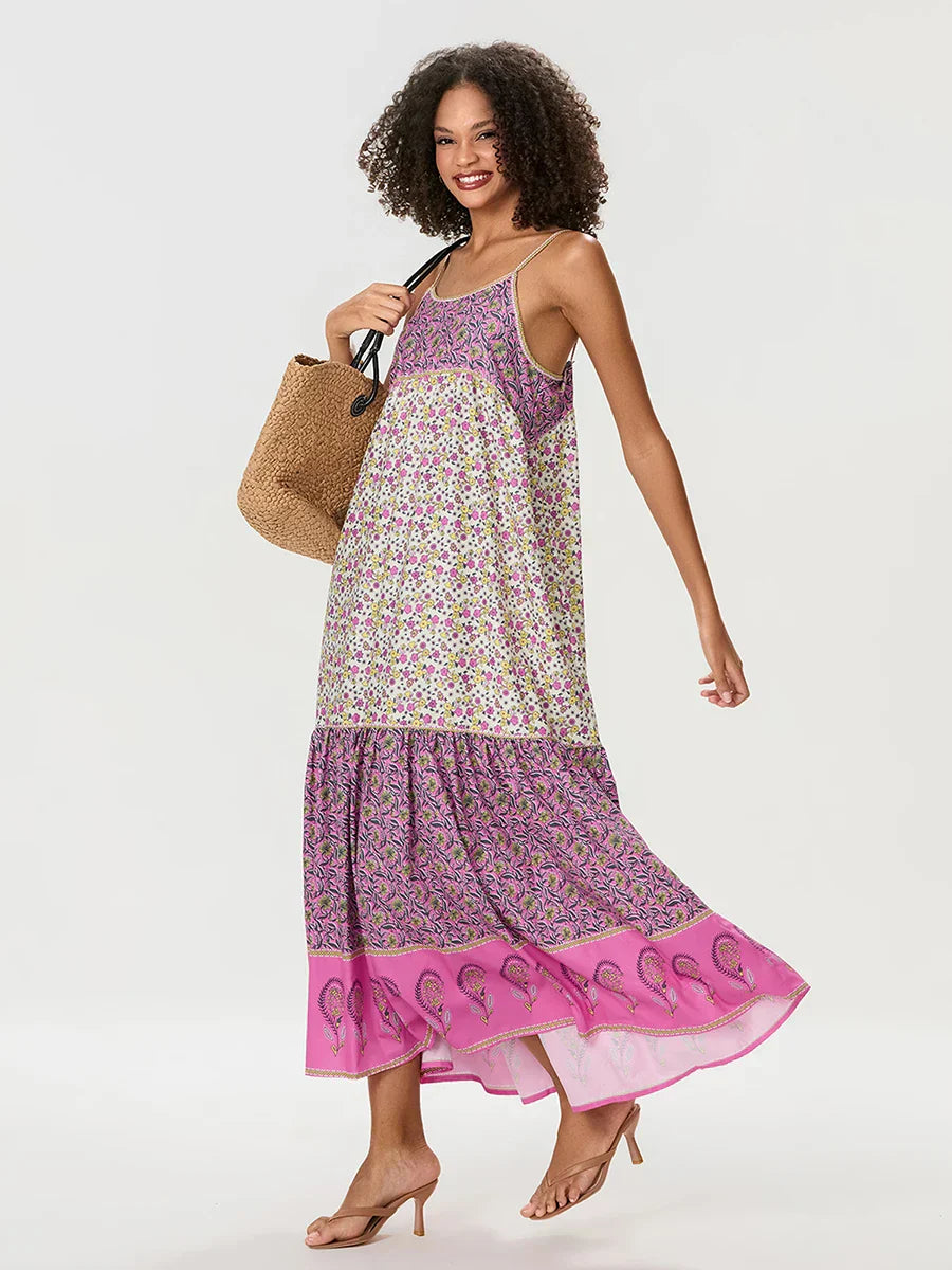 Bohemian Floral Spaghetti Strap Ruched Floral Dress floraldress-250126