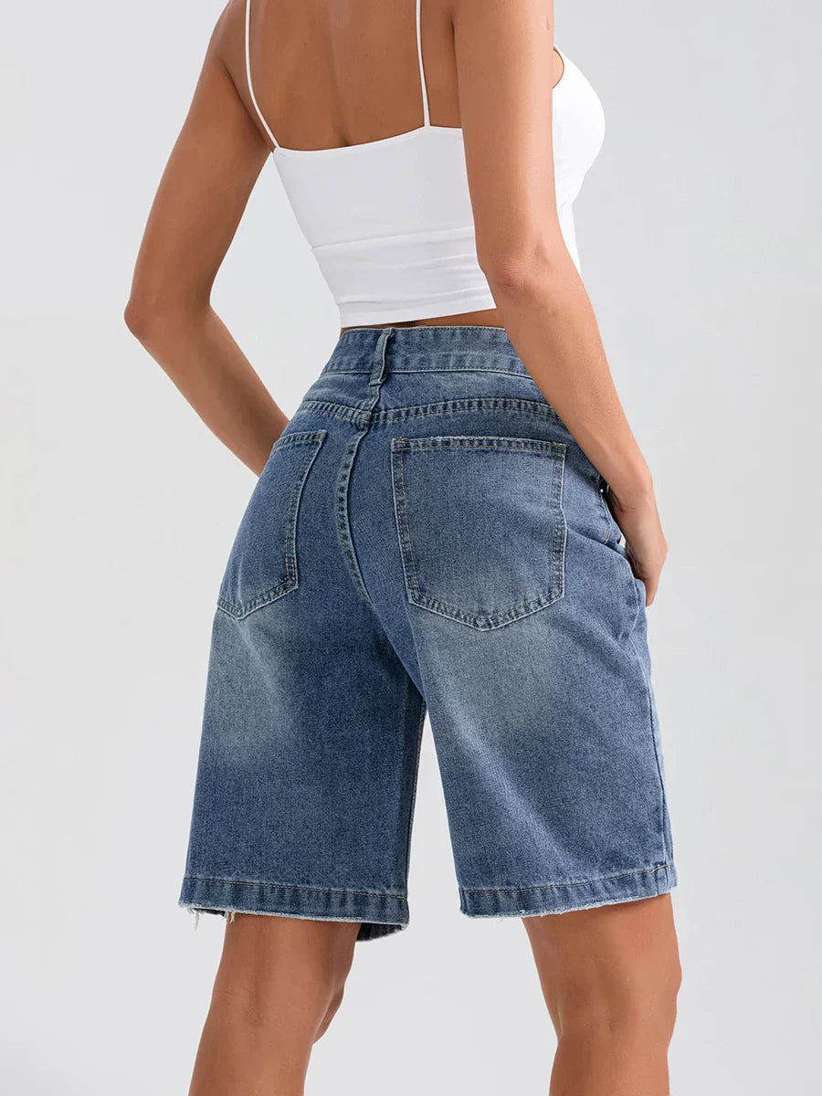 Ripped Button Denim Casual Short short-250223