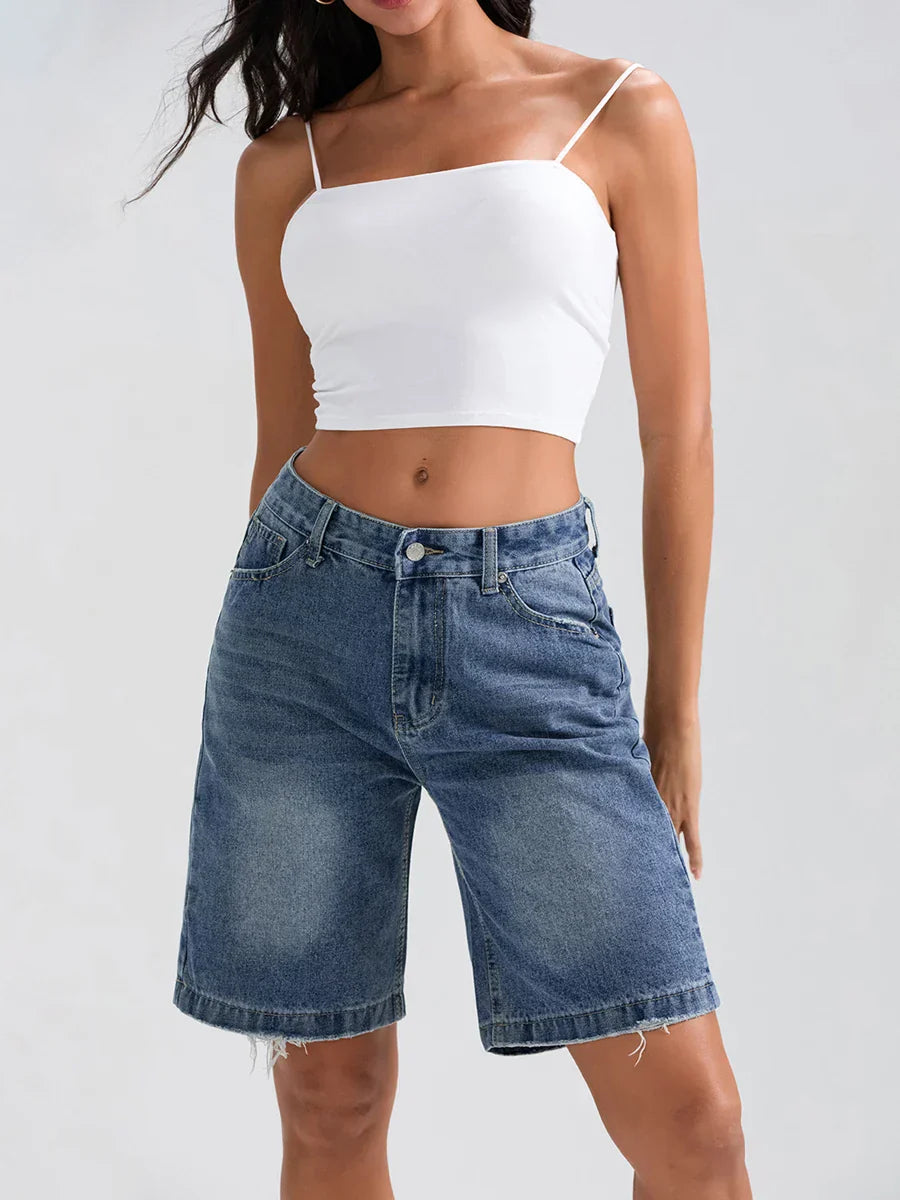 Ripped Button Denim Casual Short short-250223