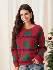 Classic Red Christmas Tree Print Loose Long Sleeve Pullover Sweater Sweaters-L