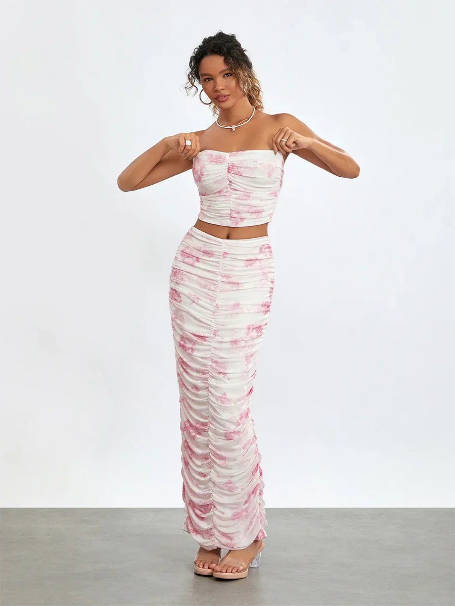 Chic Off-Shoulder Tube Top Wrap Long Floral Skirt Set MULTI / S floraldress-250126