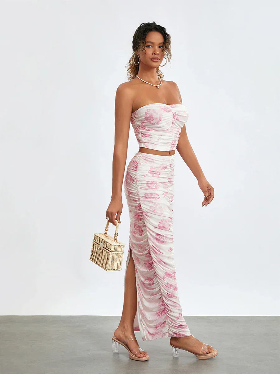 Chic Off-Shoulder Tube Top Wrap Long Floral Skirt Set floraldress-250126