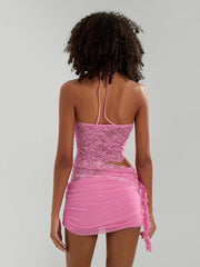Sheer Lace Halter Crop Top Asymmetric Skirt Outfit croptop-250126