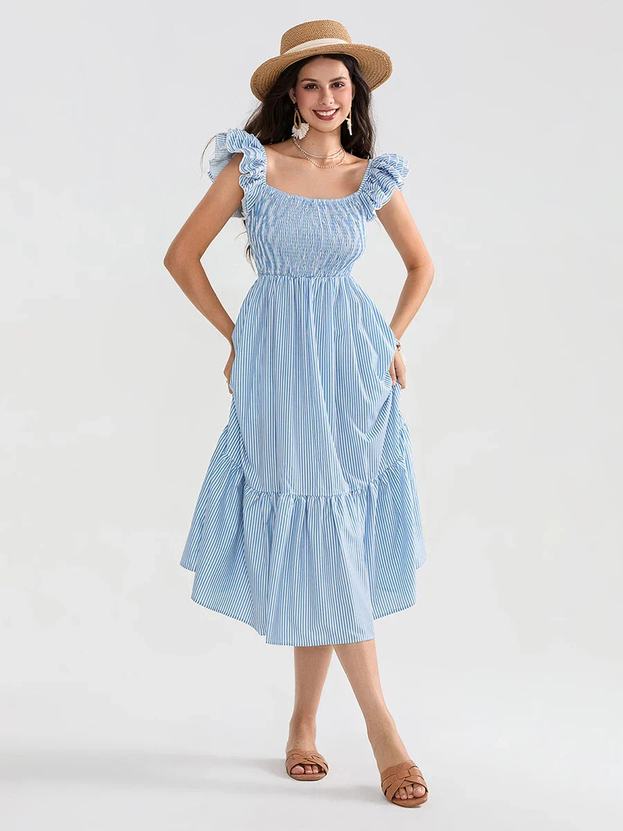 Floral Dot Print Shirred Square Neck Ruffled Flowing Beach Floral Dress floraldress-250126