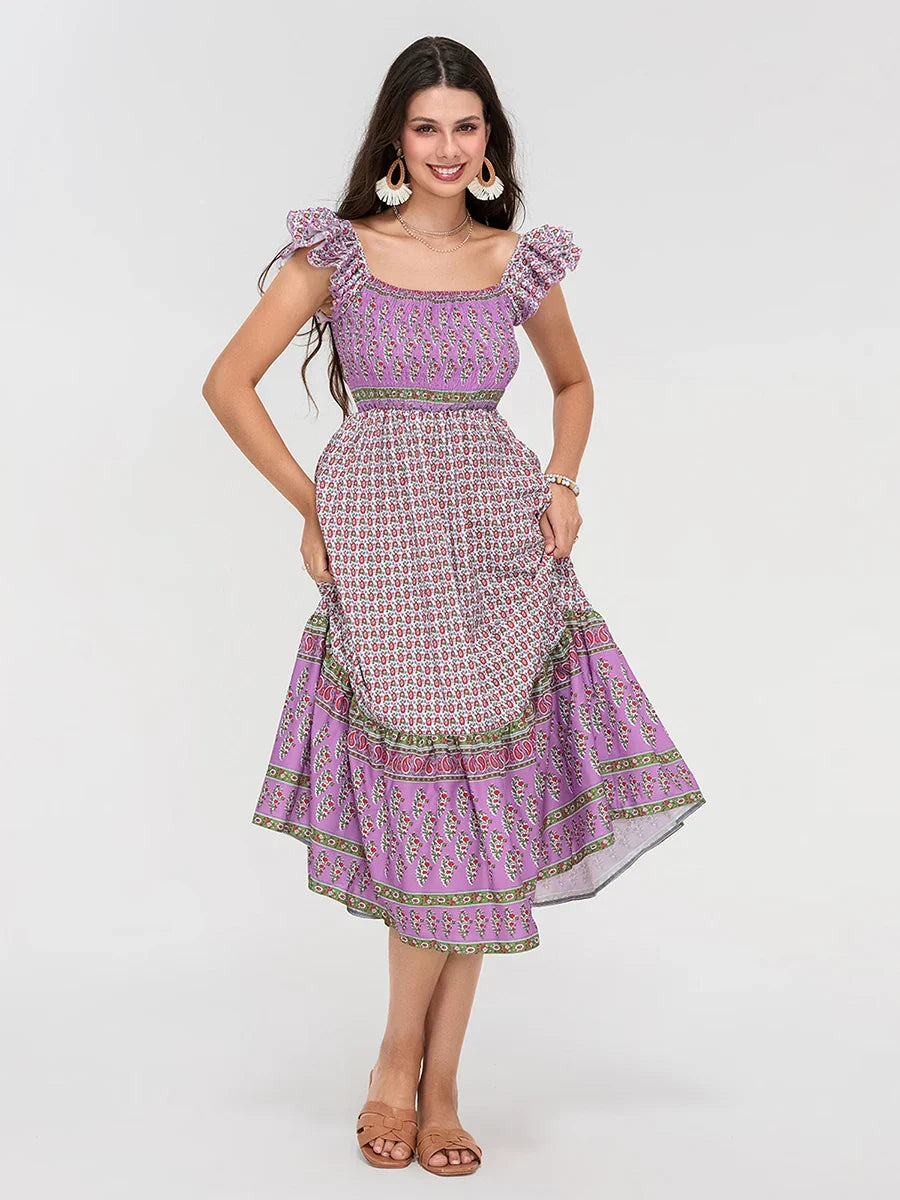 Floral Dot Print Shirred Square Neck Ruffled Flowing Beach Floral Dress PURPLE / S floraldress-250126