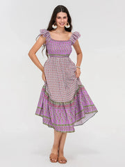 Floral Dot Print Shirred Square Neck Ruffled Flowing Beach Floral Dress PURPLE / S floraldress-250126