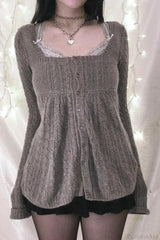 Y2K Sweet Square Neck Cable Knit Button Blouse