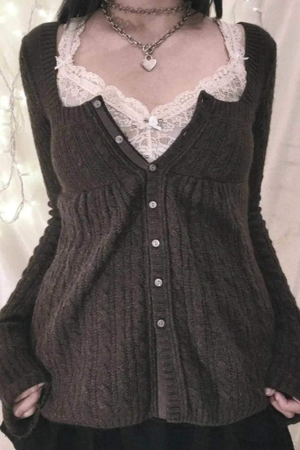 Y2K Sweet Square Neck Cable Knit Button Blouse Black / S