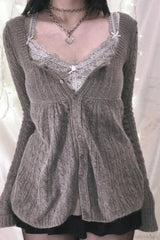 Y2K Sweet Square Neck Cable Knit Button Blouse Gray / S