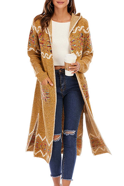 Floral Hooded Slit Long Cardigan